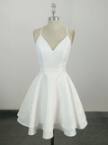 White v neck satin lace short prom dress, formal dresses, white homecoming dress HZ1023