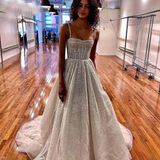 Glitter Wedding Dress A Line Shiny Tulle Straps Beaded Long Tail Bride Gowns HZ1023
