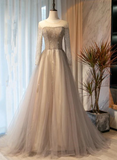 Light Grey Beaded Long Sleeves Fashionable Tulle Evening Dress, Tulle Grey Prom Dress Party Dress HZ1023