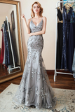 Silver V-Neck Mermaid Prom Dress With Appliques HZ1023