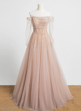 Pearl Pink Off Shoulder Long Sleeves Sequins Prom Dress, A-Line Party Dress Formal Dress HZ1023