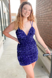 Sequin V-Neck Lace-Up Mini Homecoming Dress HZ1023
