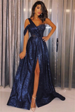 Dark Navy Sequins One Shoulder Prom Dress HZ1023