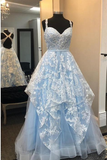 Elegant A Line Blue Open Back Appliques Prom Dress, Long Evening Party Dress HZ1023