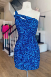 One-Shoulder Hot Pink Sequin Keyhole Mini Homecoming Dress HZ1023