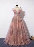 Unique Pink Sequins Tulle Off Shoulder Long Custom Size Senior Prom Dress HZ1023