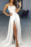 Simple White Scoop High Slit Satin Prom Dresses, Long Cheap Prom Gowns HZ1023