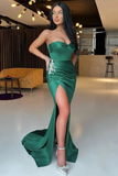 Emerald Green Sweetheart Sleeveless Mermaid Prom Dress Split With Rhinestones HZ1023