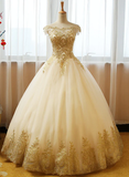 Beautiful Champagne With Gold Applique Long Party Dress, Sweet 16 Dresses HZ1023