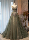 Beautiful Tulle With Applique Light Green Round Neckline Prom Dress, Low Black Long Formal Dress HZ1023