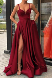 A Line Evening Dress with High Slit Satin Royal Blue Spaghetti Straps Sweetheart Long Evening HZ1023