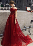 Wine Red Tulle With Beadings And Lace Off Shoulder Evening Gown, Wine Red Prom Dress HZ1023