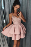 Spaghetti Straps Tiered Pink Satin Homecoming Dress With Sequins HZ1023