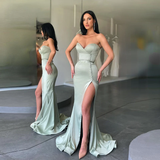 Sexy Long Mermaid Elegant Strapless Prom Dresses Sleeveless High Split Button Satin Formal Dress Women Evening Party Gowns HZ1023