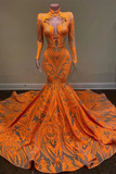 Orange Long Sleeves Mermaid Prom Dress Sequins Lace HZ1023