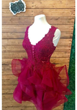 Organza Homecoming Dress,Lace Homecoming Dresses,Short Party Dresses,Lace Homecoming Dresses,V Neck Prom Dresses,Burgundy Homecoming Dresses HZ1023