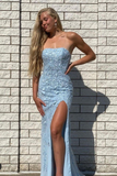 Sky Blue Mermaid Prom Dress With Slit HZ1023