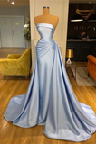 Elegant Strapless Baby Blue Mermaid Evening Dress Long With Ruffle HZ1023