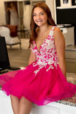 Neon Pink Appliques Backless A-Line Short Homecoming Dress HZ1023