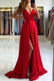 Red V-Neck Prom Dress With Split HZ1023
