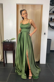 Sexy Spaghetti Straps Satin Ruffles Slit Prom Dress HZ1023