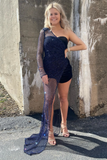 Asymmetrical Navy Blue Romper with Attached Train HZ1023