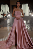 Pink Strapless Sleeveless Sequins A-Line Prom Dress With Split HZ1023