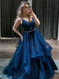 Blue v neck tulle sequin long prom dress blue formal dress HZ1023