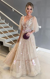 A-Line V-Neck Long Prom Dress with appliques HZ1023