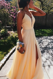 Simple V Neck Yellow Long Prom Dress with Slit HZ1023