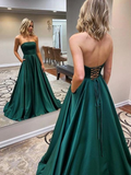 Strapless Emerald Green Satin Long Prom Dresses, Emerald Green Floor Length Long Formal Evening Dresses HZ1023