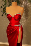 Burgundy Spaghetti-Straps Beadings Mermaid Prom Dress With Split HZ1023