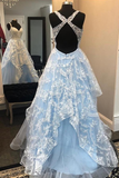 Elegant A Line Blue Open Back Appliques Prom Dress, Long Evening Party Dress HZ1023