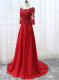 Beautiful Red Satin Short Sleeves Long Party Dress, Red Prom Dress HZ1023