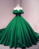 Green Satin Sweetheart Off Shoulder Ball Gown Long Sweet 16 Dress, Green Quinceanera Dress HZ1023
