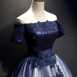 Charming Navy Blue Gradient Tulle With Lace Applique Party Gown, Short Sleeves Formal Dress HZ1023