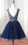 Short Tulle Beaded Dress Blue Knee Length Homecoming Dress, Cute Party Dress HZ1023