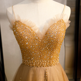 Champagne Sequins Tulle Straps Long Evening Dress Party Dress, Sweetheart Prom Dress HZ1023