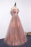Unique Pink Sequins Tulle Off Shoulder Long Custom Size Senior Prom Dress HZ1023