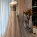 Light Grey Beaded Long Sleeves Fashionable Tulle Evening Dress, Tulle Grey Prom Dress Party Dress HZ1023