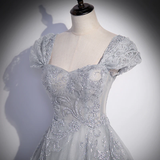 Grey Sweetheart Lace And Tulle A-Line Evening Dress, Light Grey Prom Dress HZ1023