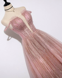 Unique Pink Sequins Tulle Off Shoulder Long Custom Size Senior Prom Dress HZ1023
