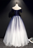 Charming Navy Blue Gradient Tulle With Lace Applique Party Gown, Short Sleeves Formal Dress HZ1023