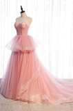 Pink Tulle Sweetheart Straps Long Formal Dresses, Pink Layers Party Dresses HZ1023