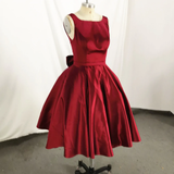 Dark Red Satin Backless Vintage Style Party Dress With Bow, High Quality Handmade Dress HZ1023