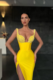 Yellow Sequins Straps Mermaid Prom Dress With Slit HZ1023