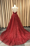 A Line V Neck Navy Blue Shiny Long Prom Dresses, Charming Blue Tulle Party Dress Evening Dress HZ1023