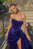 Velvet Off-the-Shoulder Beads Split Mermaid Prom Dress With Ruffles HZ1023