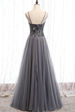 Beautiful Grey Beaded Tulle Prom Dresses, Straps Party Dress HZ1023