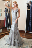 Silver V-Neck Mermaid Prom Dress With Appliques HZ1023